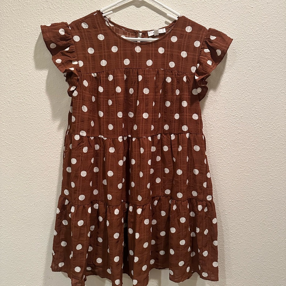 Mine Brown and White Ruffled Smocked Casual Sun Dress